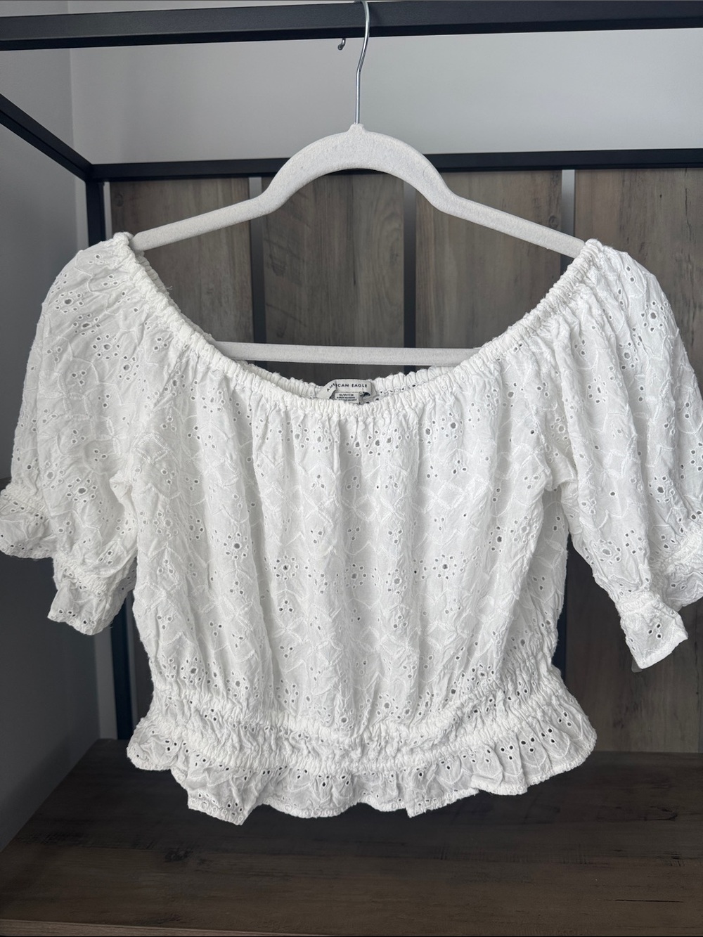 American Eagle White Eyelet Off-the-Shoulder Peasant Blouse